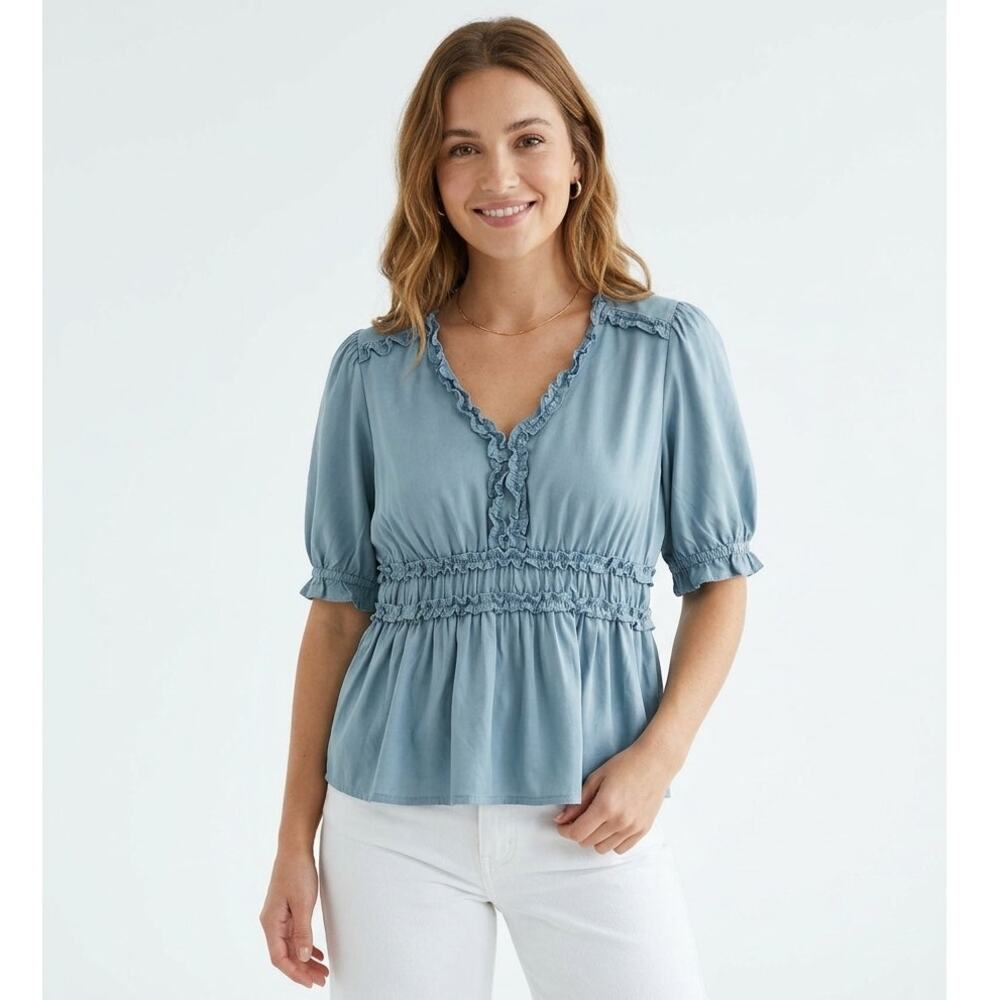 Spartina 449 Cinched Blouse Top Womens 2XL Dusty Blue Stretch V-Neck Ruffle Trim
